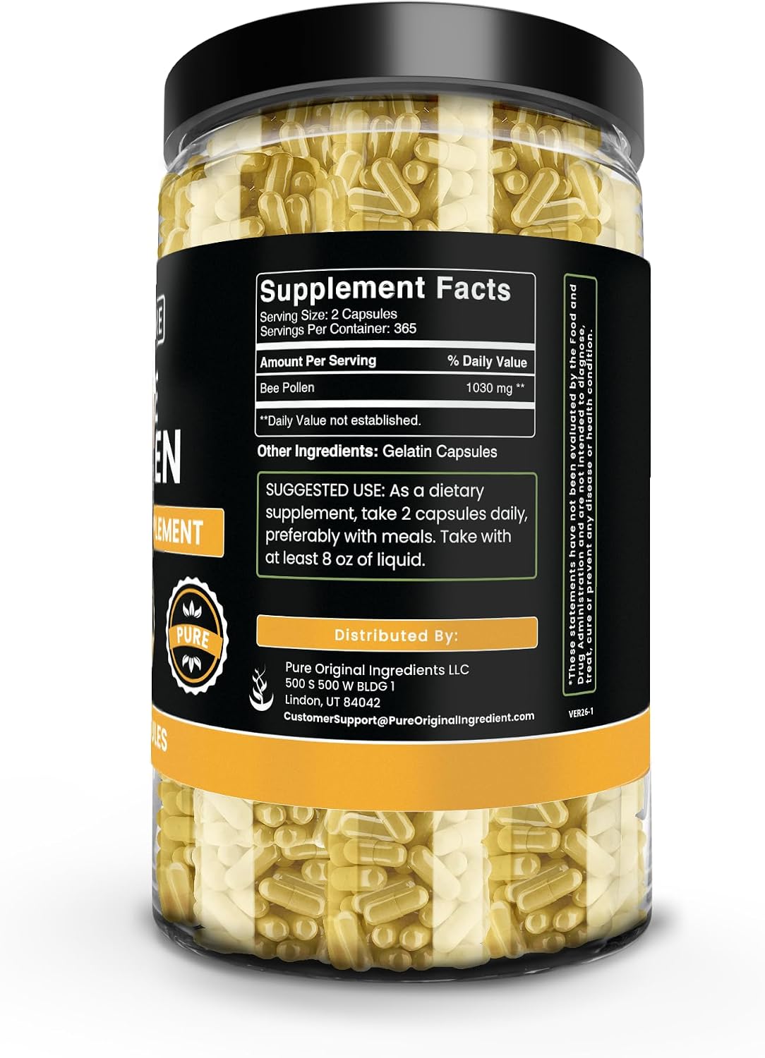 PURE ORIGINAL INGREDIENTS Polen de Abeja, Sin Rellenos de Magnesio o Arroz, Siempre Puro, Verificado en Laboratorio (730 Cápsulas)