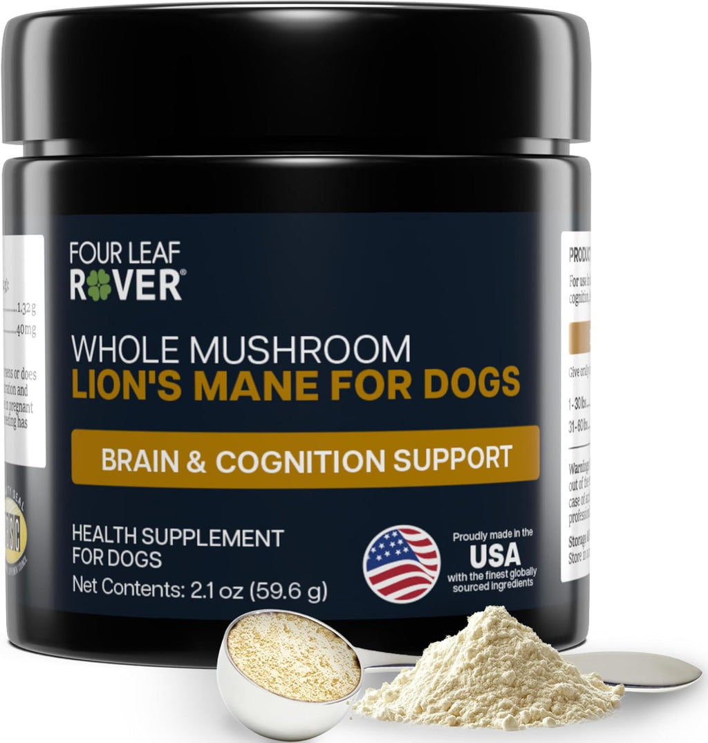 Lion's Mane para Perros – Setas Orgánicas Enteras – Apoyo Cognitivo Natural – 60 Días (Suministro para Perros Grandes)