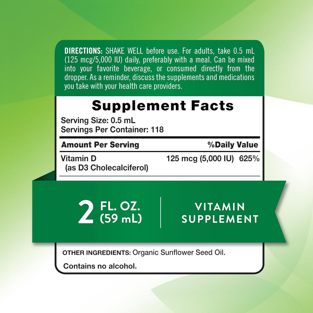 Nature's Truth Vitamina D3 Líquida | 5000 UI | 60 ml | Orgánico USDA y Sin Gluten