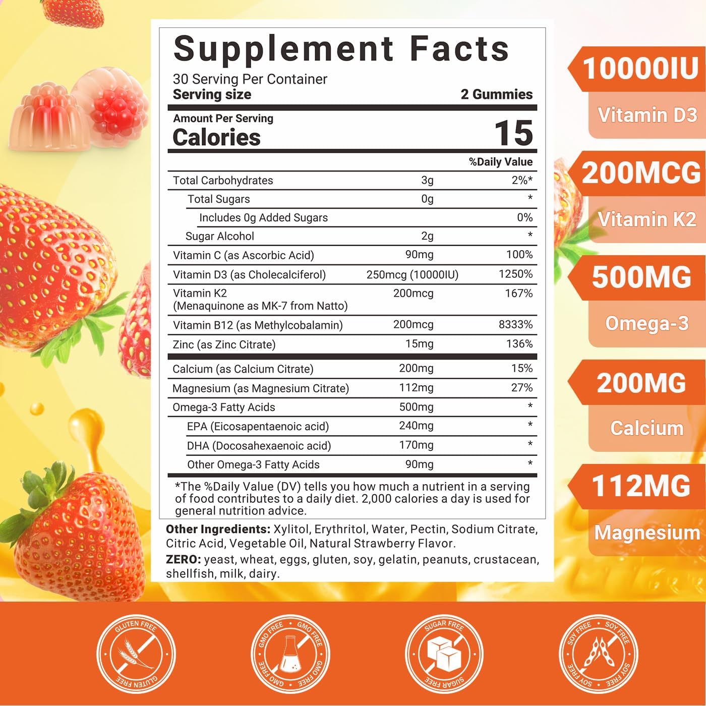 Wiszeen Vitamin D3 K2 Gummies, Sin Azúcar, con Omega 3, Calcio y Magnesio