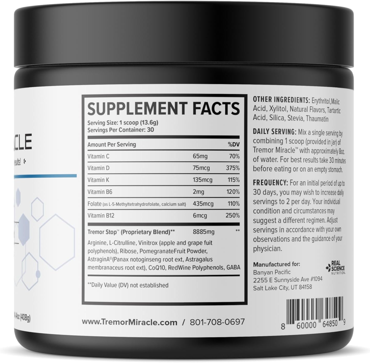 Tremor Miracle - Suplemento en polvo para temblores esenciales (380g, Sabor uva)