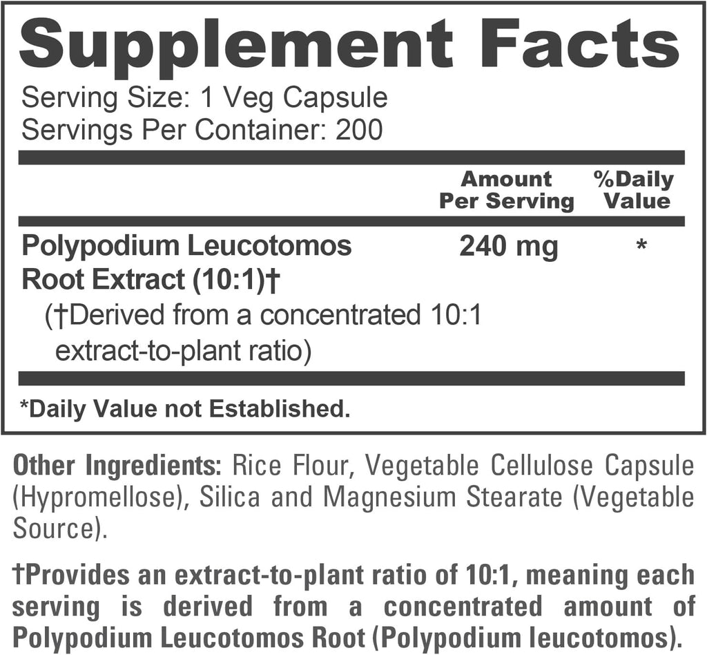 Polypodium Leucotomos Cápsulas, 240 mg, 200 Cápsulas Veganas