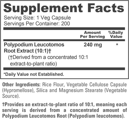 Polypodium Leucotomos Cápsulas, 240 mg, 200 – Ingredientes adicionales: Opte por fórmulas simples, sin rellenos ni – Image 4