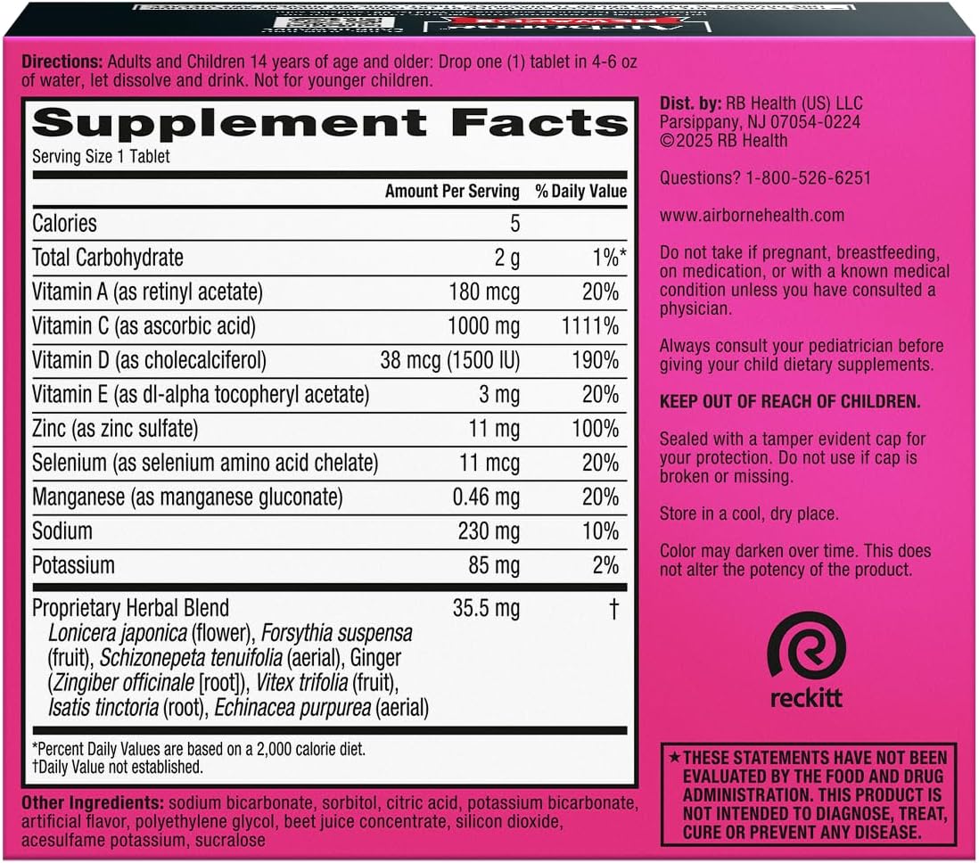 Airborne Comprimidos Efervescentes para el Sistema Inmunitario, Sabor Very Berry - 30 uds con 1000 mg de Vitamina C + Vitaminas A, D, E, Zinc, Selenio, Manganeso y Hierbas - Sin Azúcar, Sin Gluten