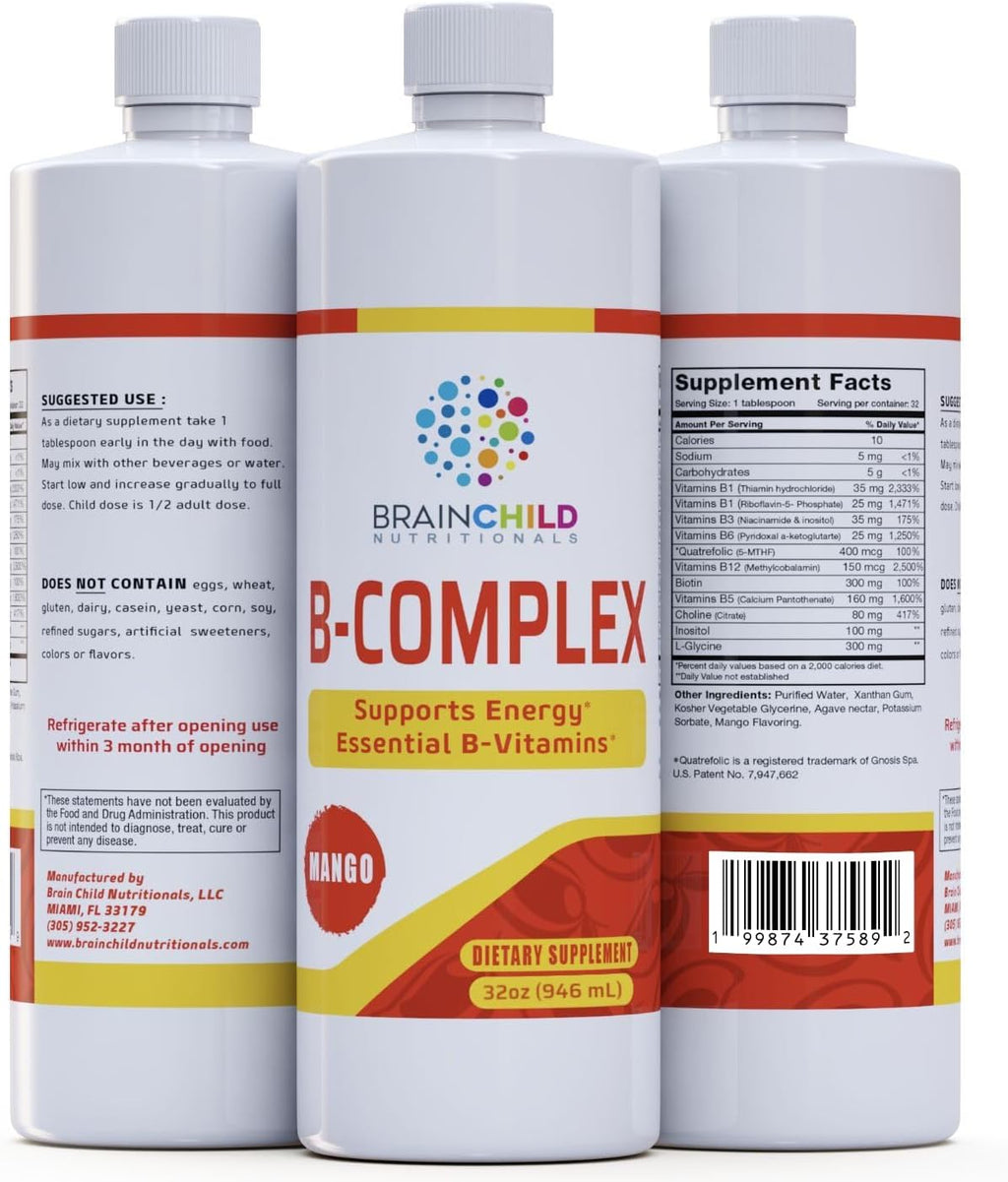 BrainChild B-Complex Líquido - Vitaminas B Metiladas de Alta Potencia para Energía, Estrés y Estado de Ánimo, Sin OGM, Vegano, Sin Gluten, Limón - 473 ml