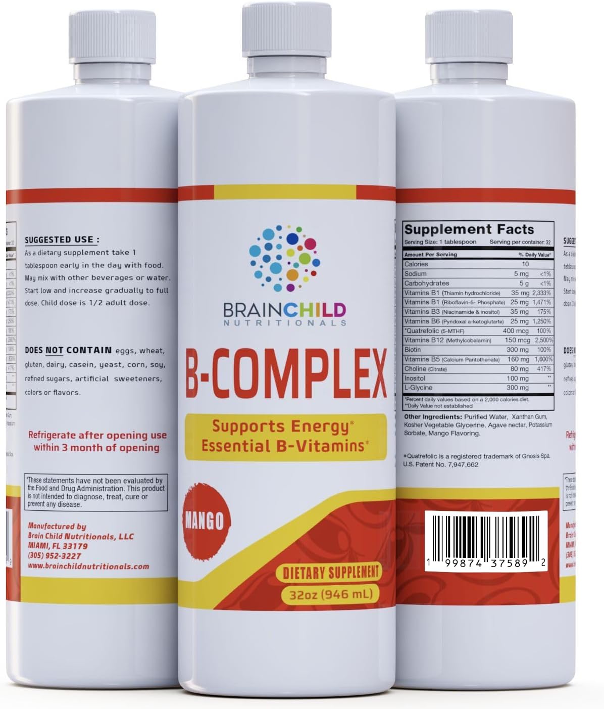 BrainChild B-Complex Líquido - Vitaminas B Metiladas de Alta Potencia para Energía, Estrés y Estado de Ánimo, Sin OGM, Vegano, Sin Gluten, Limón - 473 ml