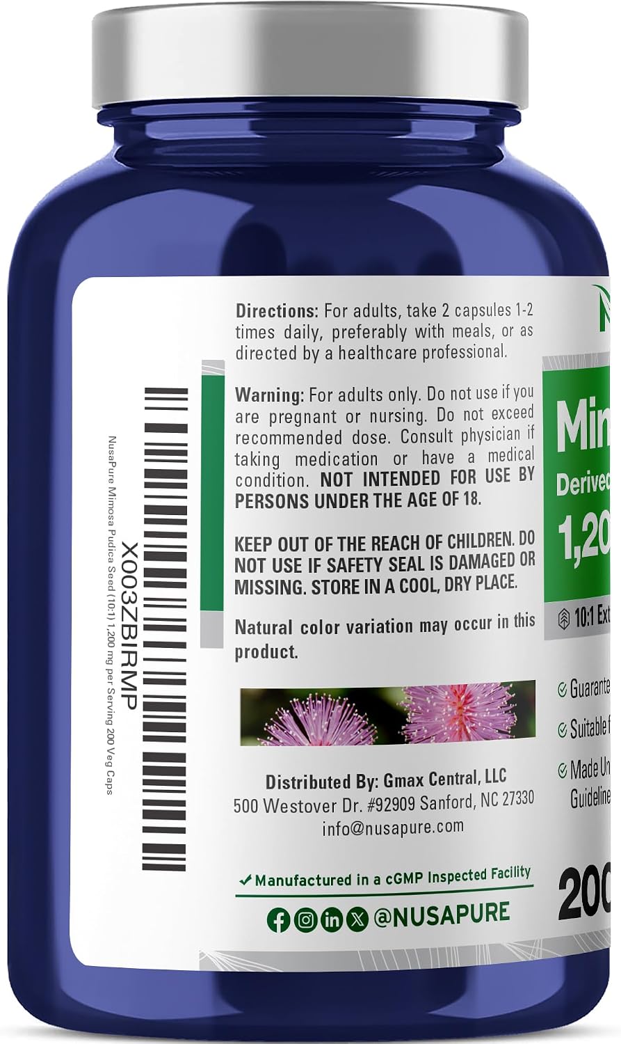 NusaPure Mimosa Pudica Cápsulas, 1200 mg, 200 Cápsulas Veganas (No Transgénico, Vegano)
