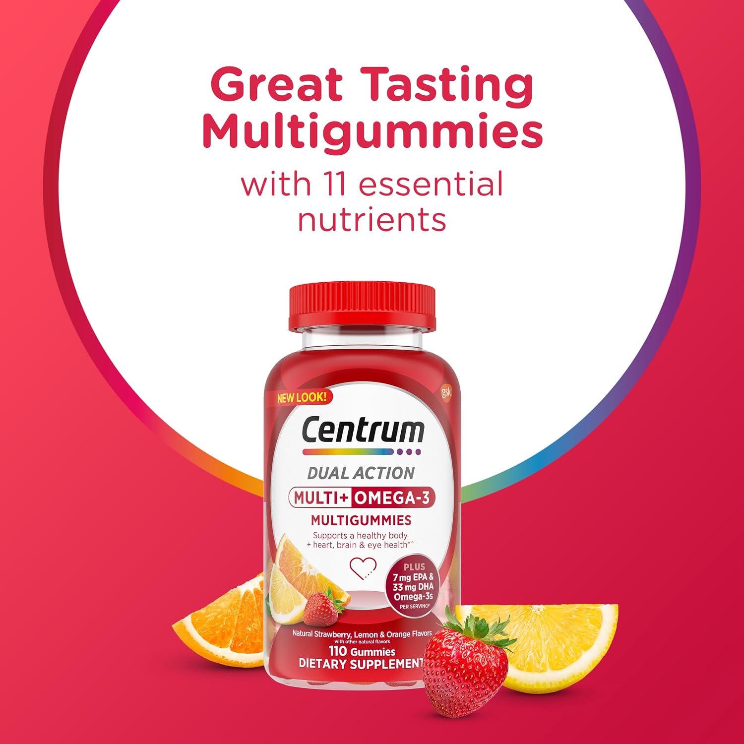 Centrum MultiGummies Multi+ Omega 3 Dual Action - Multivitamínico para adultos con omega-3, sabor fresa/limón/naranja, 110 gominolas
