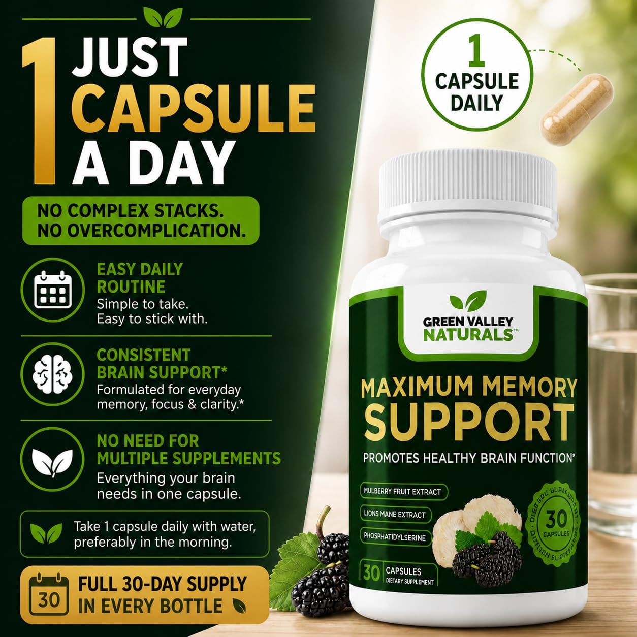 Green Valley Naturals Maximum Memory Support - Suplemento Cognitivo con Lion's Mane, Mulberry, Phosphatidylserine y Vitaminas B Metiladas - 30 Cápsulas