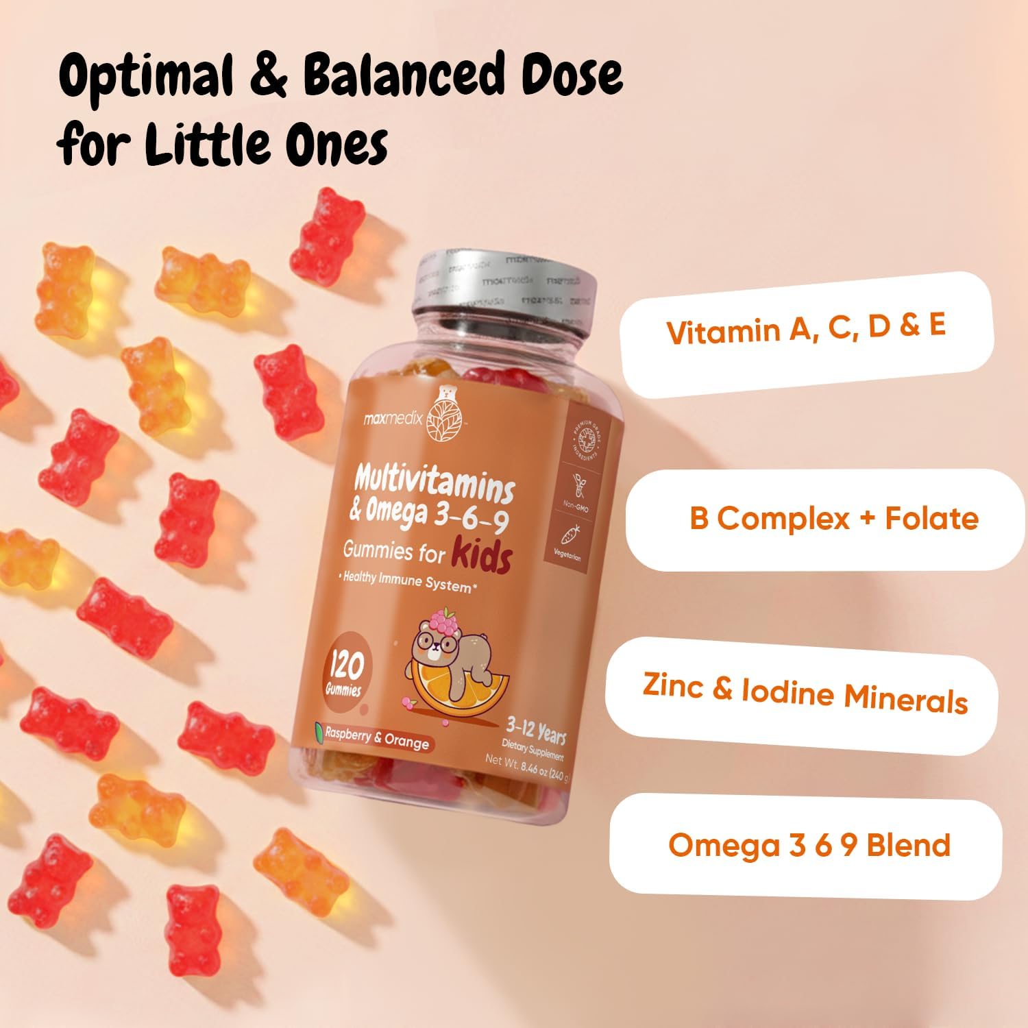 maxmedix Gomitas Multivitamínicas para Niños con Omega 3 6 9 | 20 Vitaminas Clave (C, A, D, E, B12) y Zinc – Sabor Frambuesa y Naranja, 120 Gomitas (2 Meses)
