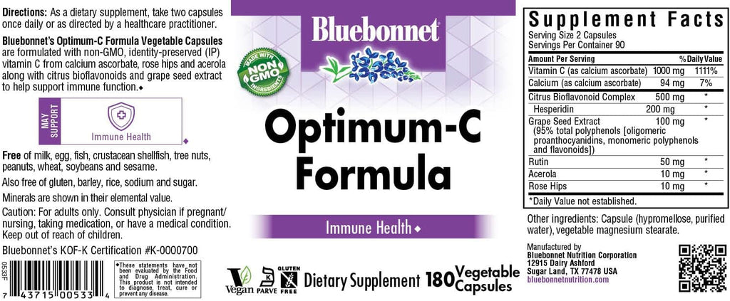 BlueBonnet Optimum C Formula - Vitamin C 1000 mg with Bioflavonoids - 180 Vegetable Capsules