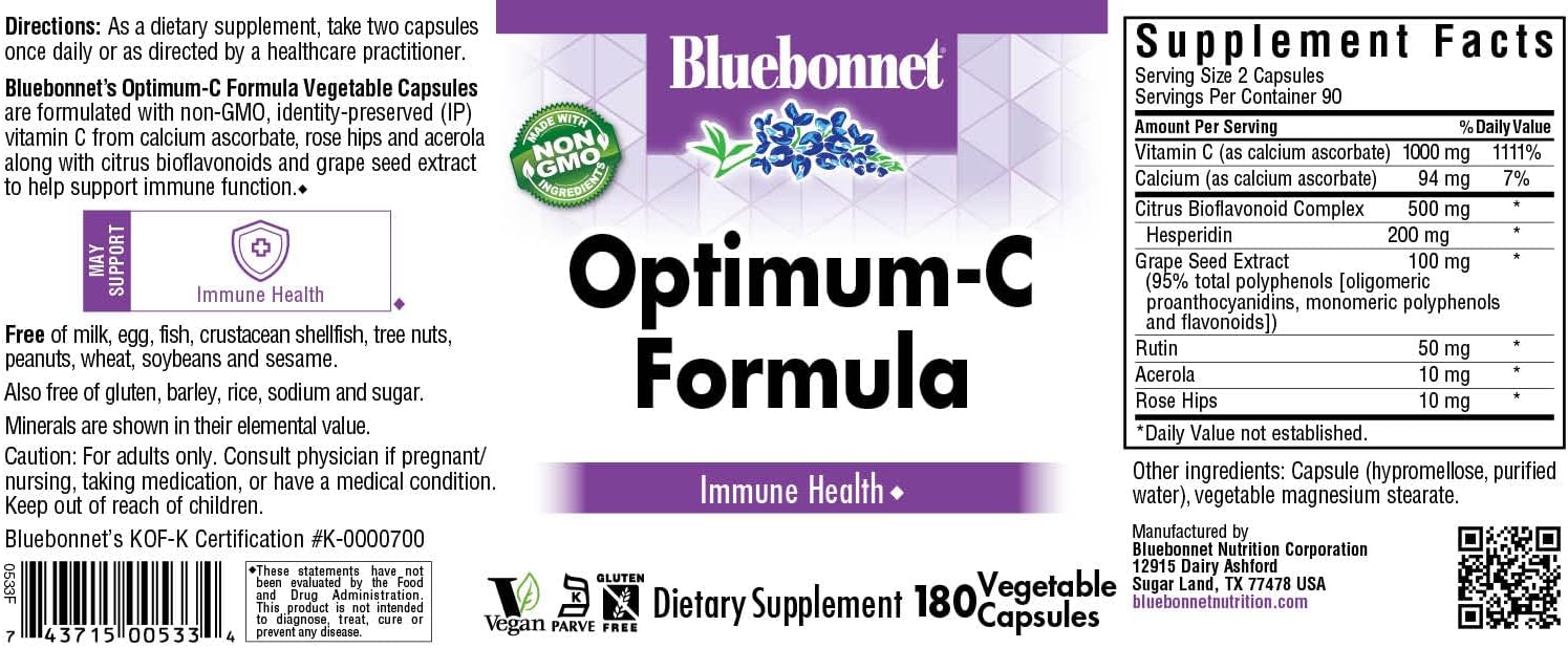 BlueBonnet Optimum C Formula - Vitamin C 1000 mg with Bioflavonoids - 180 Vegetable Capsules