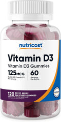 Nutricost Vitamina D3 Gummies 5,000 IU (125mcg), 120 Gominolas - Sabor Bayas Mixtas, 60 Dosis