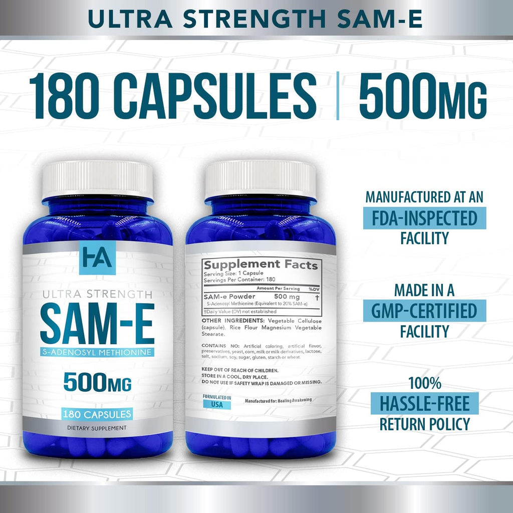 High Strength 500mg SAM E Supplement | S-Adenosyl Methionine Same Supplement for Bone Joint & Mood Support for Men and Women | Vegan Non-GMO & Made in US cGMP Labs (180 Veggie Capsules)