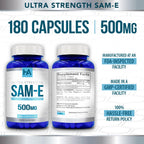 High Strength 500mg SAM E Supplement | S-Adenosyl Methionine Same Supplement for Bone Joint & Mood Support for Men and Women | Vegan Non-GMO & Made in US cGMP Labs (180 Veggie Capsules)