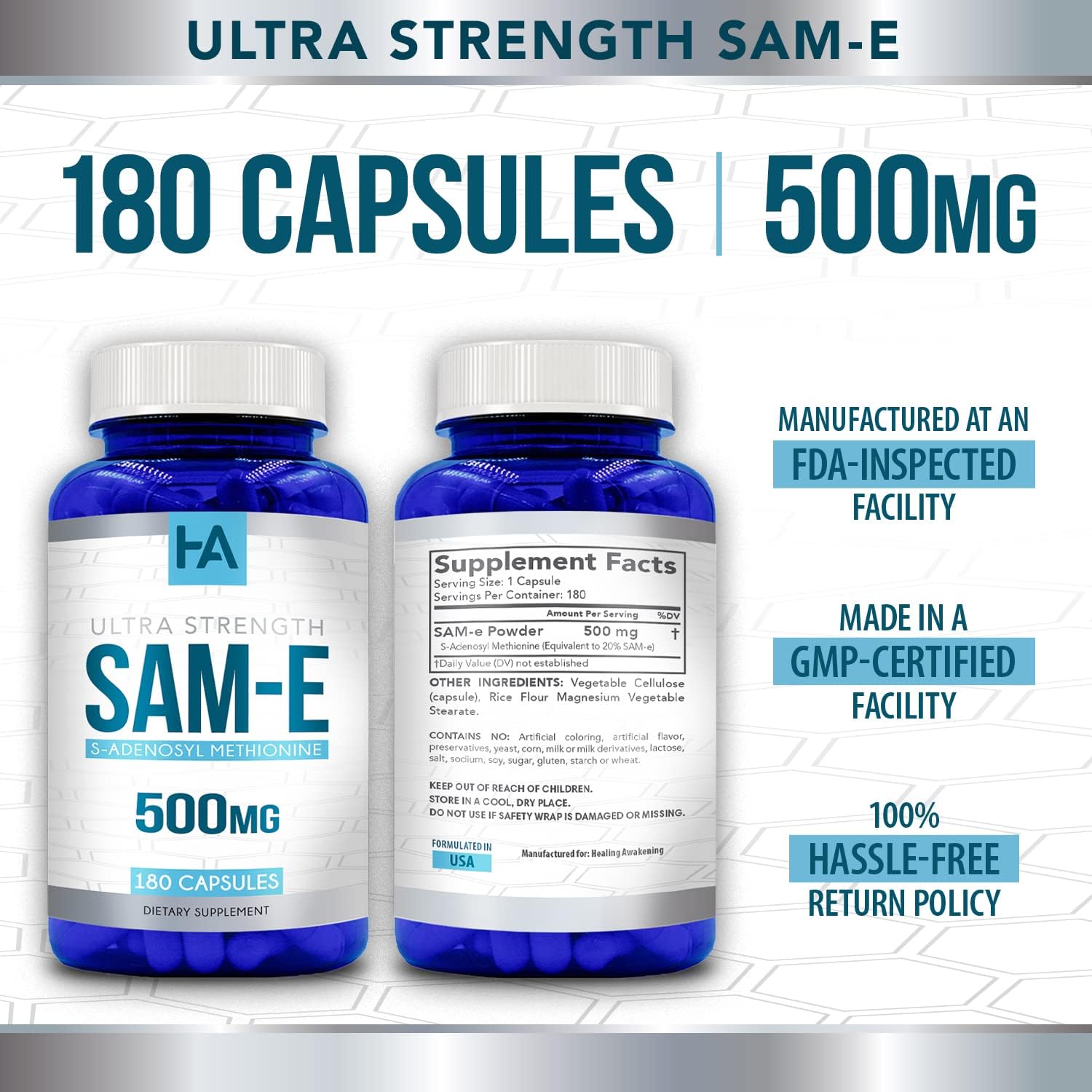 High Strength 500mg SAM E Supplement | S-Adenosyl Methionine Same Supplement for Bone Joint & Mood Support for Men and Women | Vegan Non-GMO & Made in US cGMP Labs (180 Veggie Capsules)