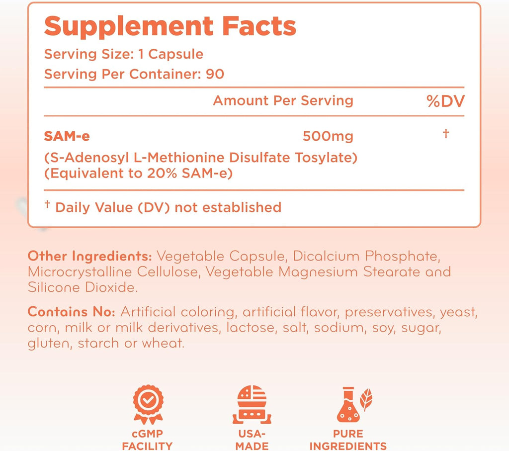 Extra Strength SAMe 500 mg - S-Adenosil-L-Metionina - Suplemento de Alta Absorción para Articulaciones y Estado de Ánimo