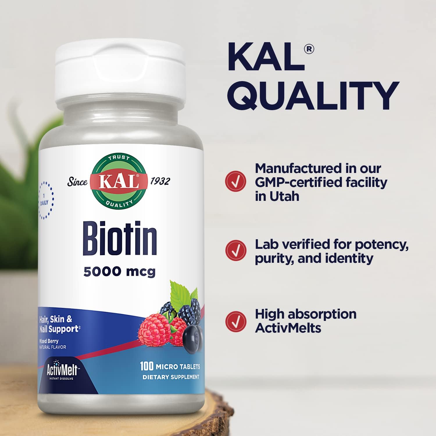 Kal Biotina 5000 mcg, tabletas sabor a bayas mixtas, 100 unidades