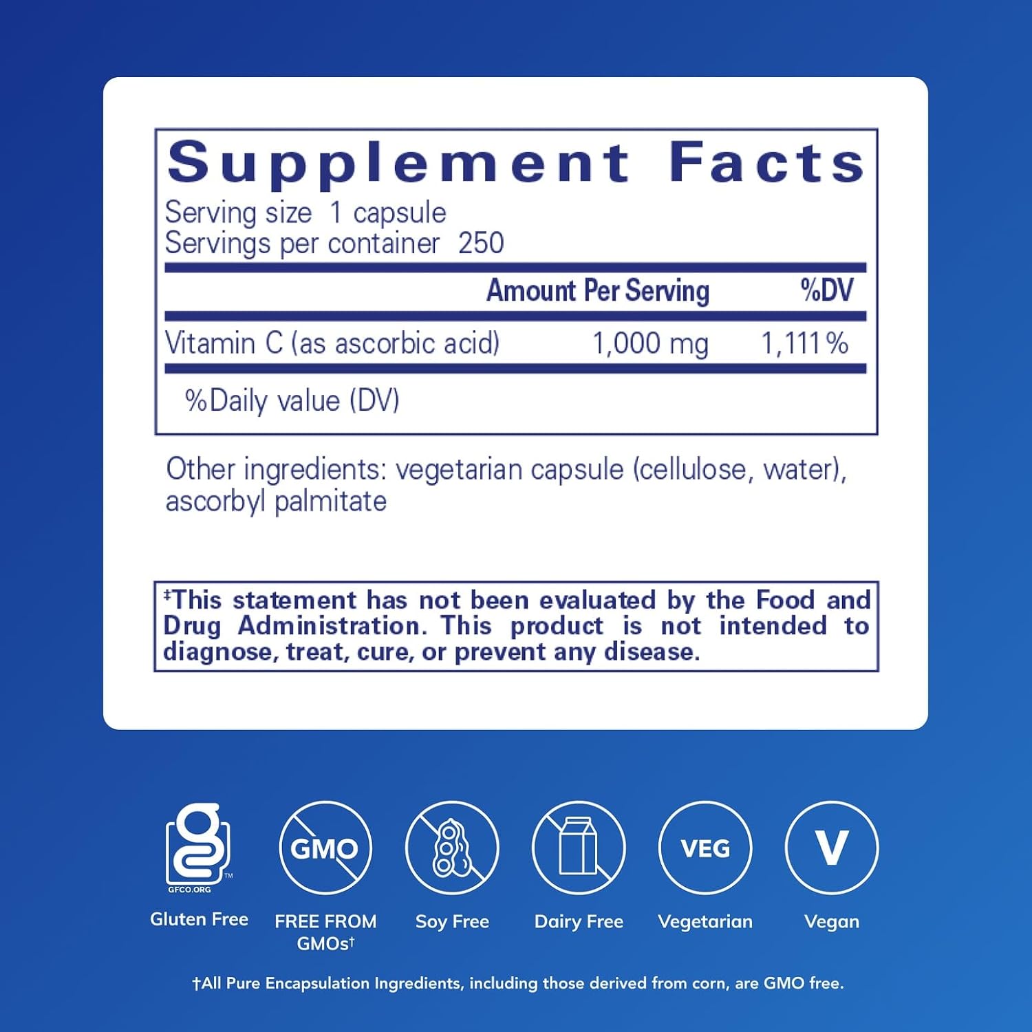 Pure Encapsulations Ácido Ascórbico, Vitamina C 1000 mg, 250 Cápsulas