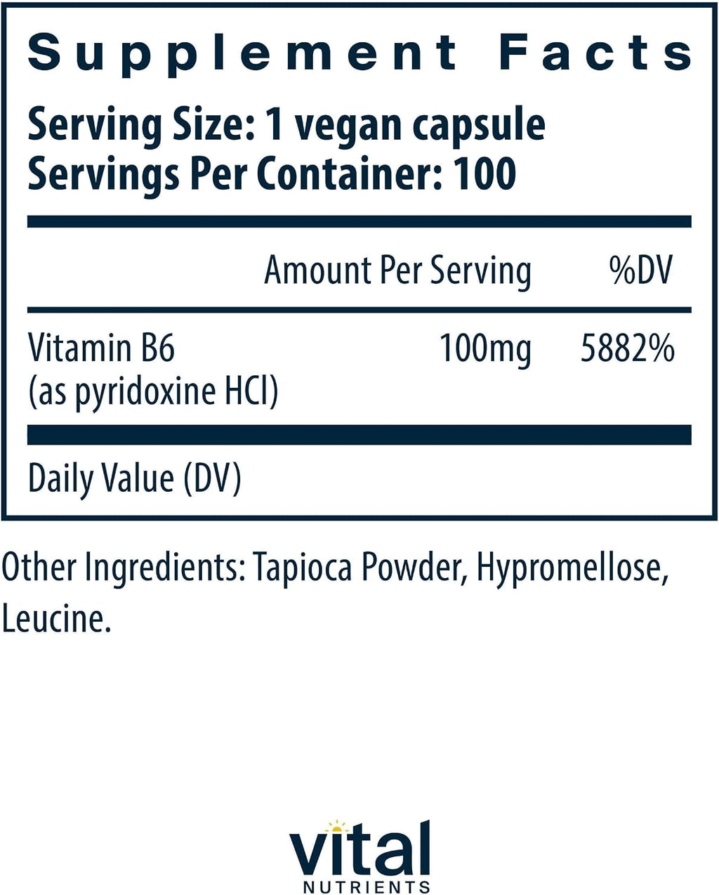 Vitamina B6 (Piridoxina HCl) 100 mg - 100 Cápsulas Veganas | Vital Nutrients
