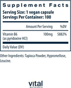 Vitamina B6 (Piridoxina HCl) 100 mg - 100 Cápsulas Veganas | Vital Nutrients