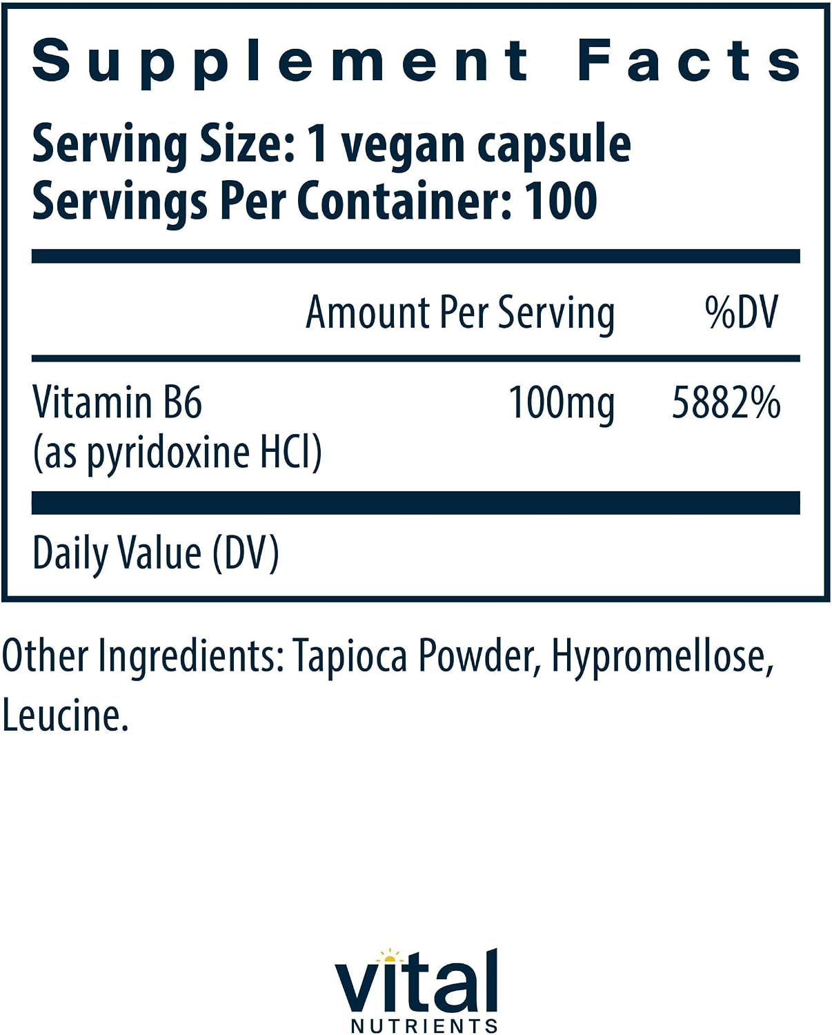 Vitamina B6 (Piridoxina HCl) 100 mg - 100 Cápsulas Veganas | Vital Nutrients