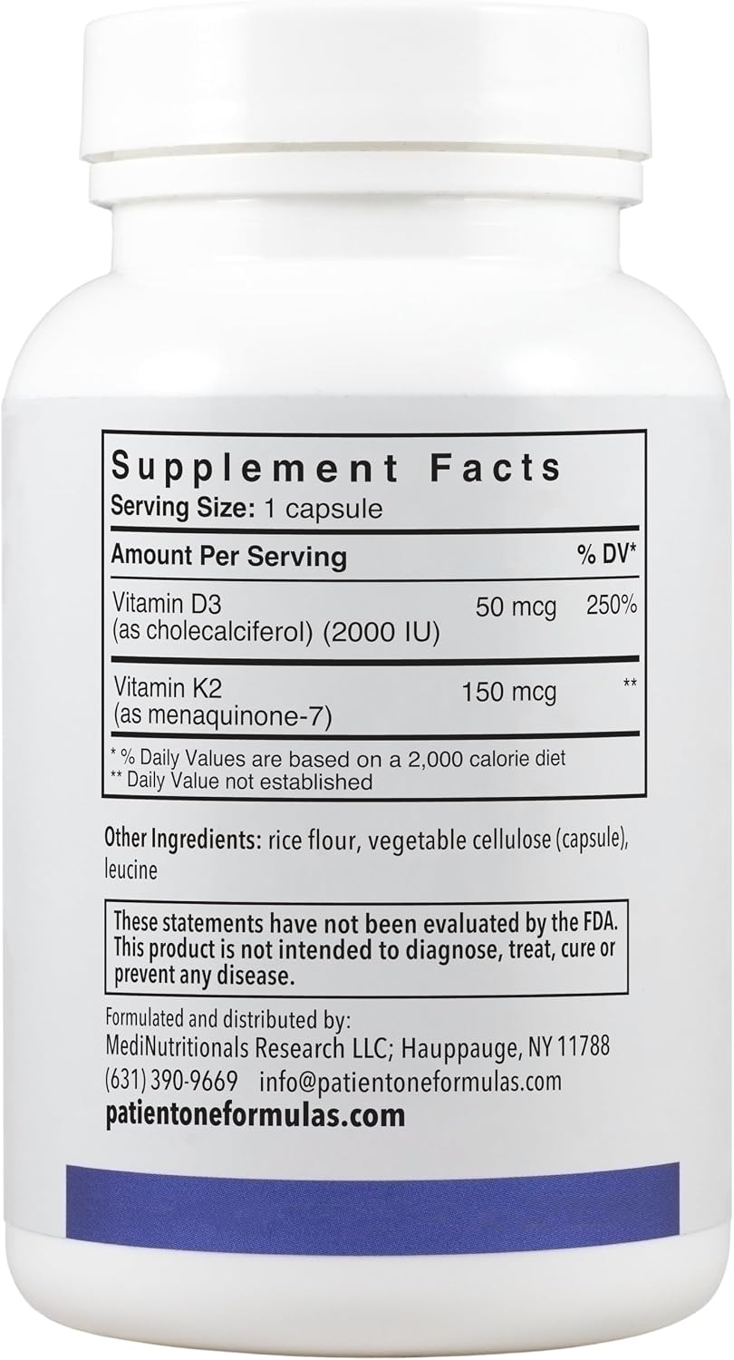 Patient One Vitamina K2 y D3 | 150 mcg K2 (MK-7) y 2000 UI D3 | 60 Cápsulas