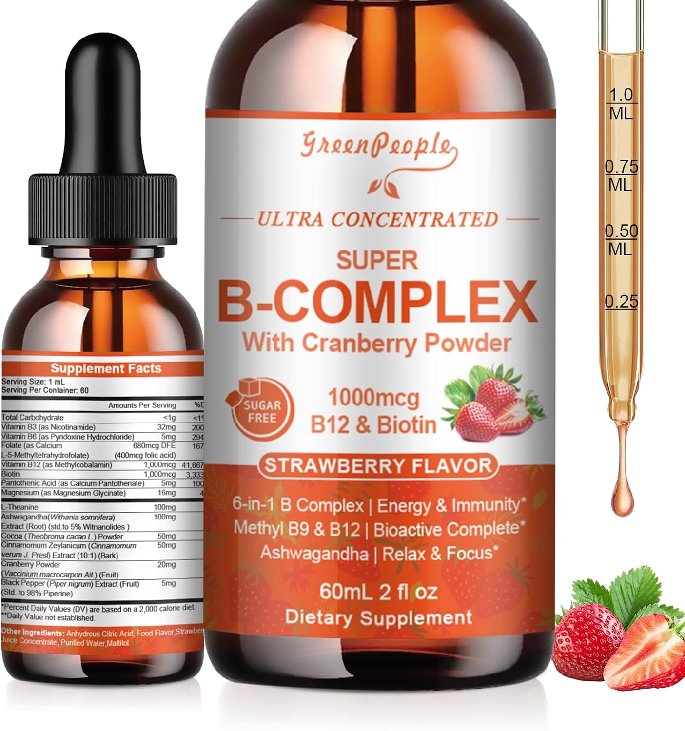 Complejo B Metilado GREENPEOPLE | Metil B12 + L-Metilfolato | 6 Vitaminas B con Magnesio, Ashwagandha y L-Teanina | 2 frascos de 60 ml | Vegano