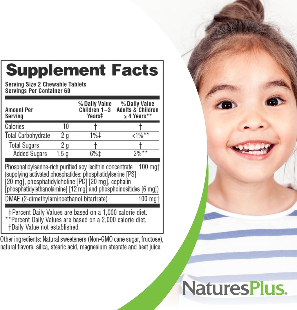 NaturesPlus Pedi-Active – 120 Comprimidos Masticables Sabor Bayas Mixtas – Complemento Infantil con DMAE y Fosfatidilserina