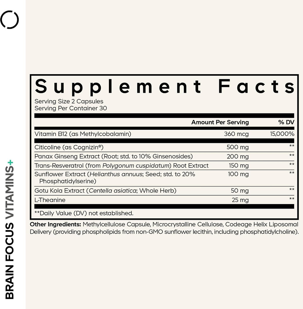 Codeage Brain Focus Vitamins+ - Nootrópico con Citicolina Cognizin, Panax Ginseng, Resveratrol, Gotu Kola, Vitamina B12 - 60 Cápsulas