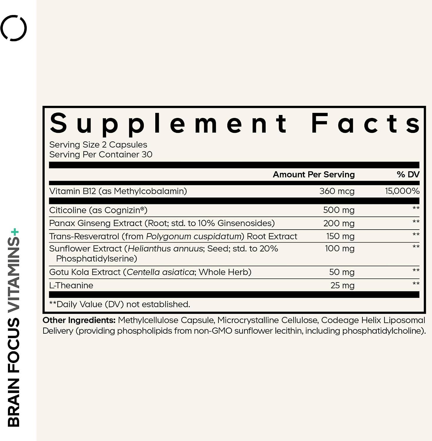 Codeage Brain Focus Vitamins+ - Nootrópico con Citicolina Cognizin, Panax Ginseng, Resveratrol, Gotu Kola, Vitamina B12 - 60 Cápsulas