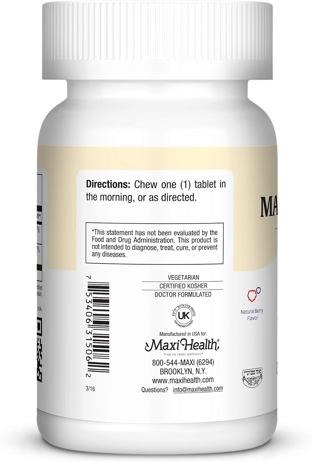 Maxi Health Vitamin B12 5000 mcg Chewable Tablets - Methylcobalamin & Cyanocobalamin - 60 Tablets