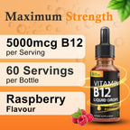 Gotas Líquidas de Vitamina B12 - 5000 mcg Metilcobalamina, Complejo B (B2, B3, B6), Vegano, Sin Gluten, Sabor Frambuesa, 2 fl oz (59 ml)