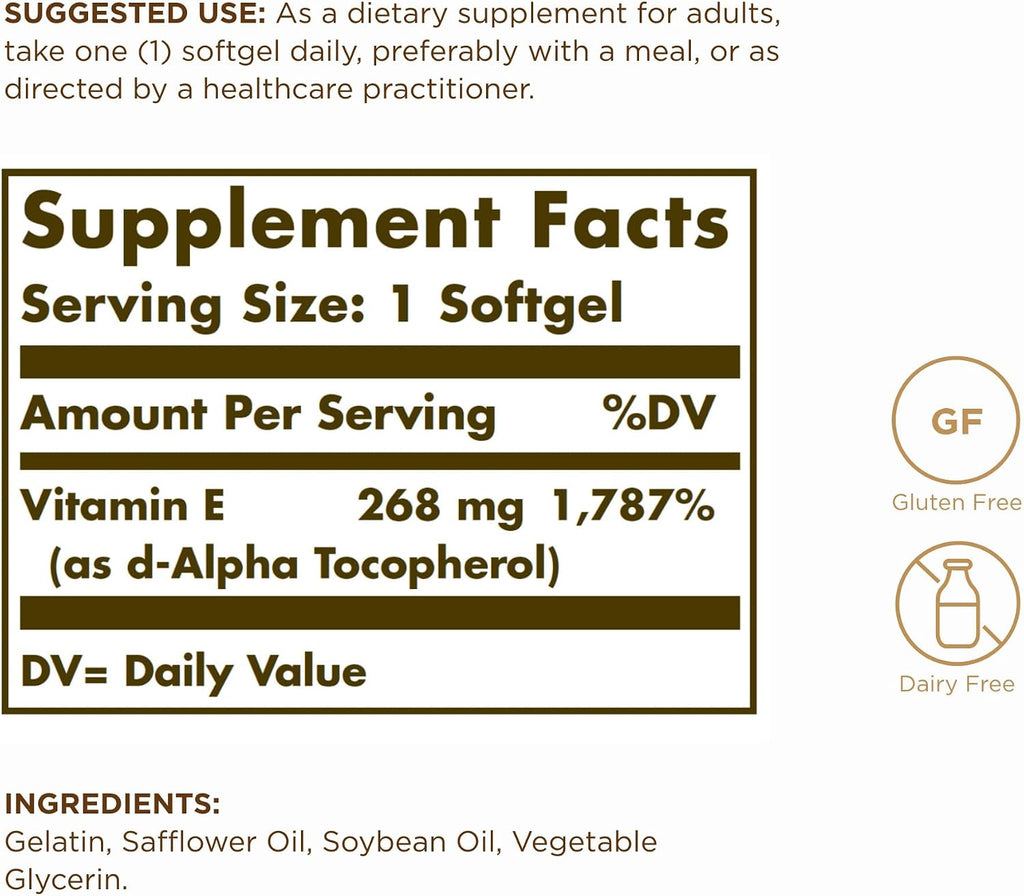 Solgar Vitamin E 268 mg (400 IU) Natural d-Alpha Tocopherol - 100 Softgels