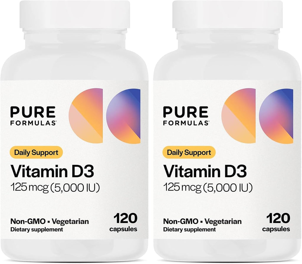 PureFormulas Vitamina D3 5000 IU (125 mcg) - Suplemento de Vitamina D para la Salud Ósea e Inmunitaria - Cápsulas Vegetarianas No Transgénicas - 120 Cápsulas