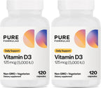 PureFormulas Vitamina D3 5000 IU (125 mcg) - Suplemento de Vitamina D para la Salud Ósea e Inmunitaria - Cápsulas Vegetarianas No Transgénicas - 120 Cápsulas