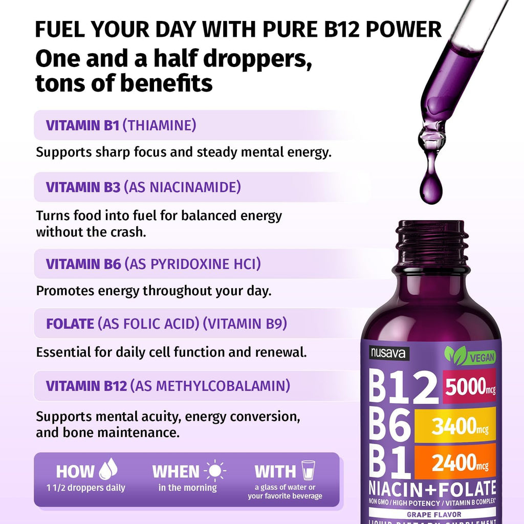 NUSAVA Pack de 2 Gotas de Vitamina B12 5000mcg - Sublingual con Complejo B - Metilcobalamina - Vegano, Sabor Uva