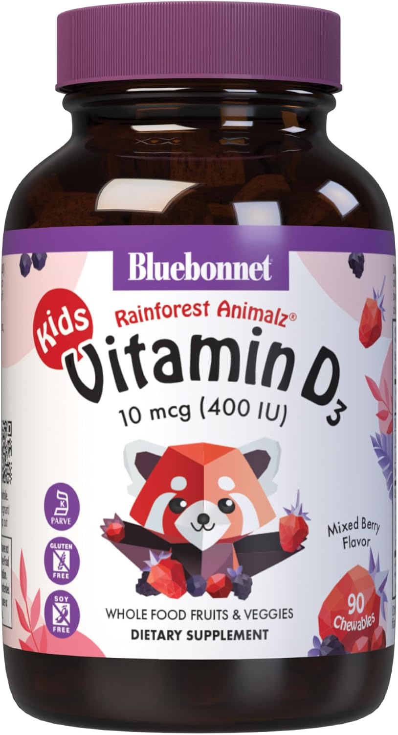 Bluebonnet Nutrition Rainforest Animalz Vitamina D3 400 UI Comprimidos Masticables, Sabor Bayas Mixtas, 90 Unidades