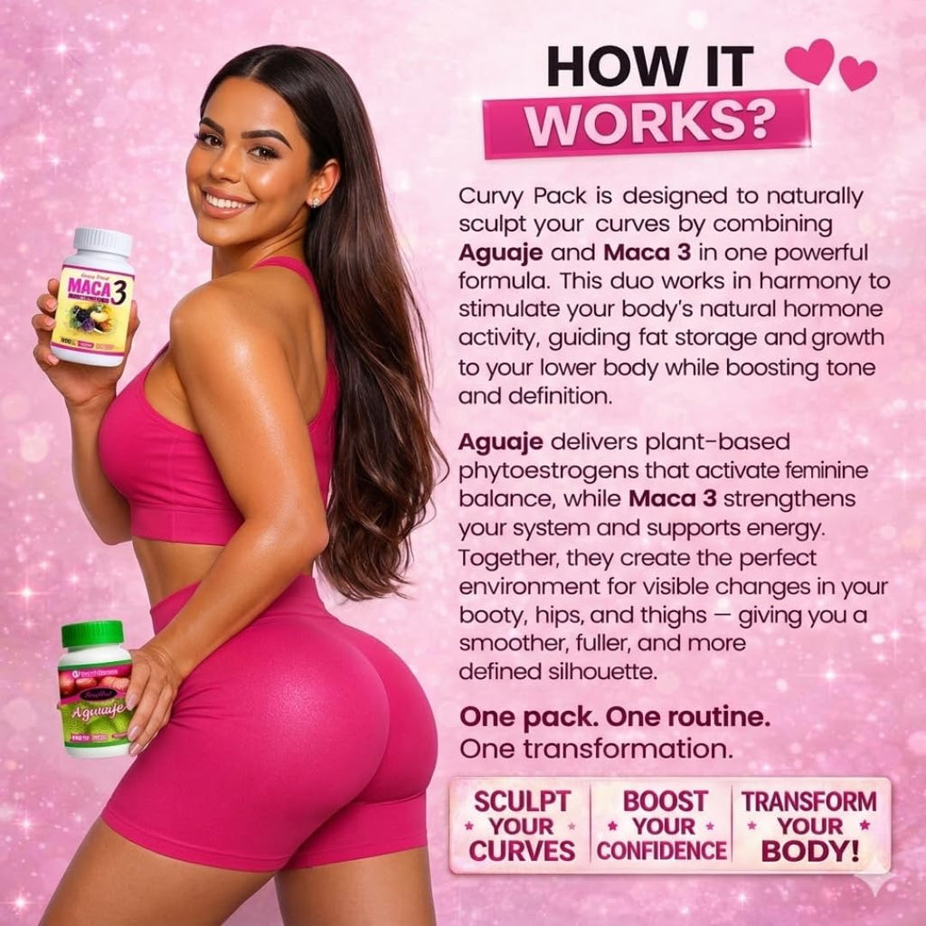 Curvy Pack – Aguaje + Maca 3 Cápsulas para Curvas Femeninas – Apoyo Hormonal Natural – 1 Mes de Suministro