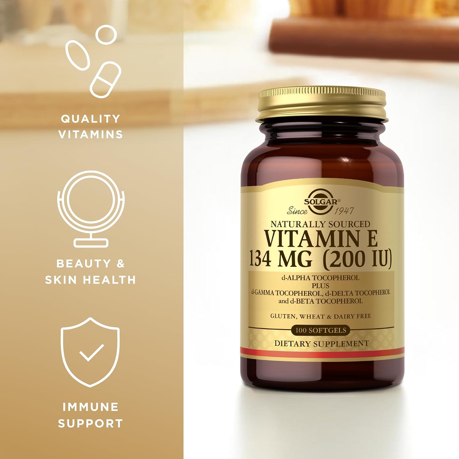 Solgar Vitamina E 200 UI - 100 Cápsulas Blandas - Natural - Sin Gluten