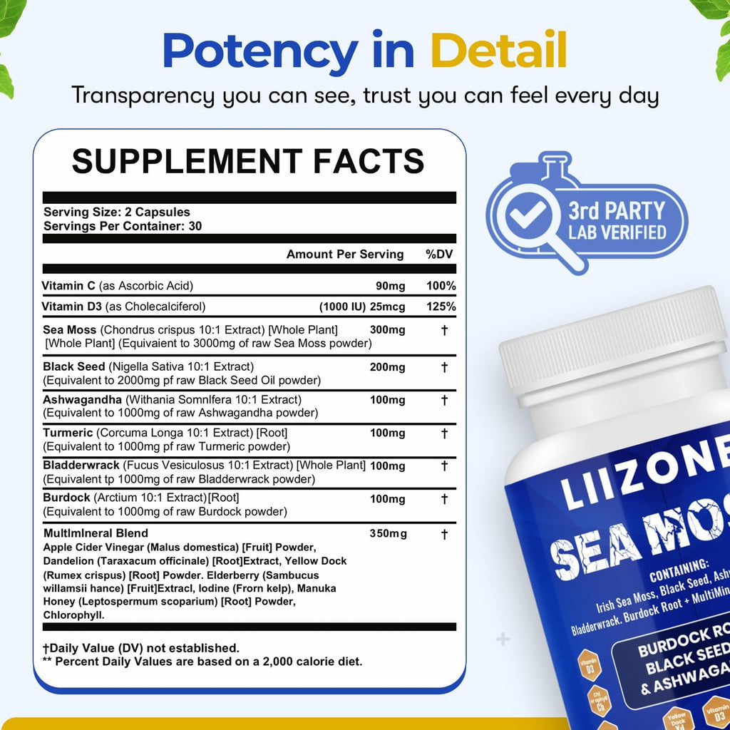 LIIZONE Cápsulas de Sea Moss Complejo con Ashwagandha, Turmeric y Vitamina C - Aceite de Semilla Negra para Apoyo Inmunitario, Articulaciones y Salud Digestiva - 60 Cápsulas