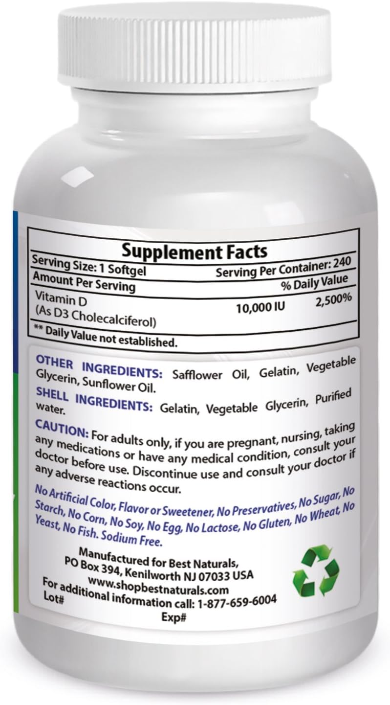 Best Naturals Vitamin D3 10000 IU Softgel, 240 Count
