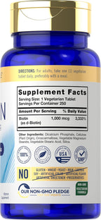 Carlyle Biotin 1000mcg | 250 Vegetarian Tablets | Beauty Formula Supplement | Non-GMO, Gluten Free