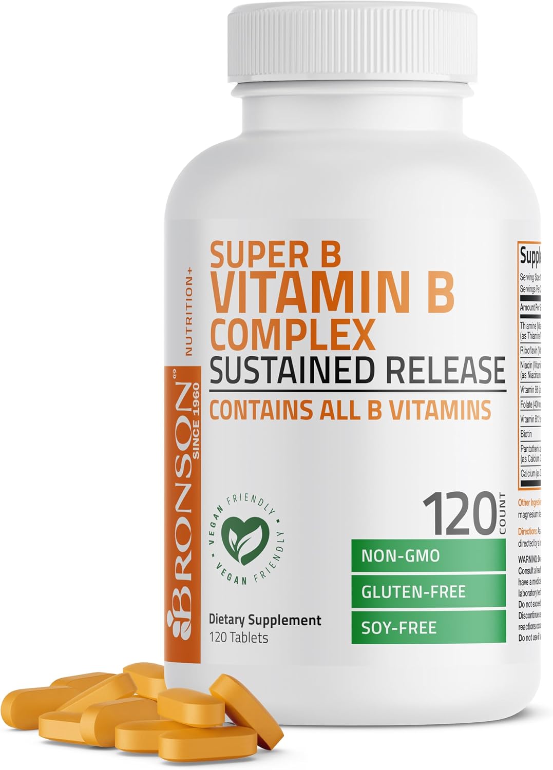 Bronson Super B Complejo B de Vitaminas con Liberación Sostenida (Vitamina B1, B2, B3, B6, B9 - Ácido Fólico, B12) Contiene Todas las Vitaminas B, 60 Comprimidos