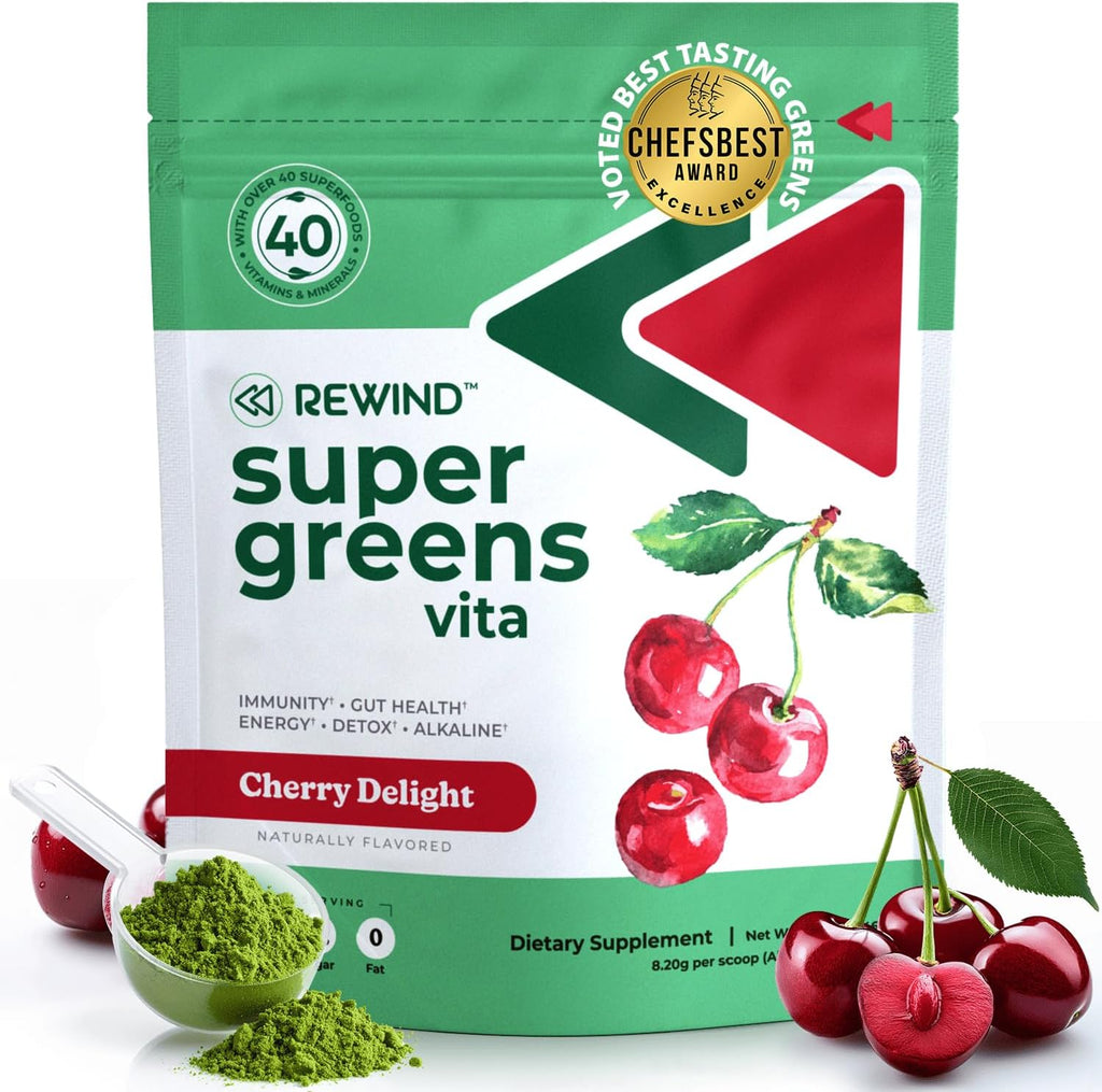 Rewind Best Tasting Super Greens Powder - Sabor Melocotón - 40+ Superalimentos con Vitaminas y Minerales