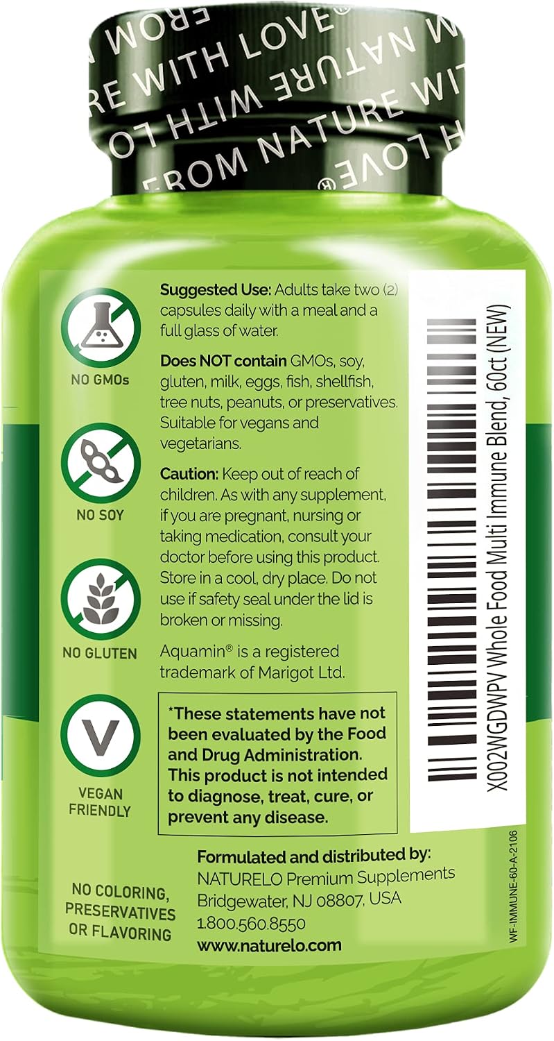 NATURELO Whole Food Multivitamin + Immune Blend – Multivitamínico Completo con Apoyo Inmunológico (60 Cápsulas Veganas, Pack de 2)