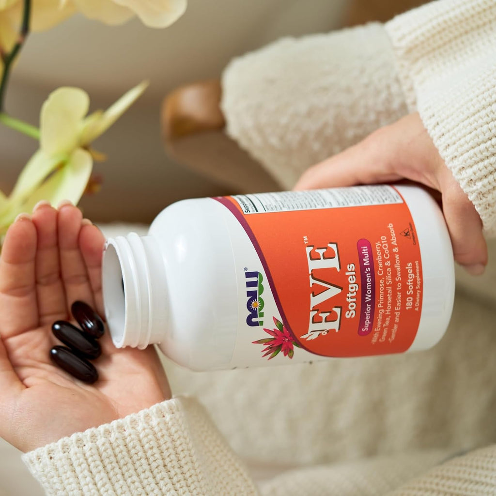 NOW Foods Eve™ Multivitamínico para Mujeres con Onagra, Arándano, Té Verde, Cola de Caballo y CoQ10, 180 Cápsulas Blandas