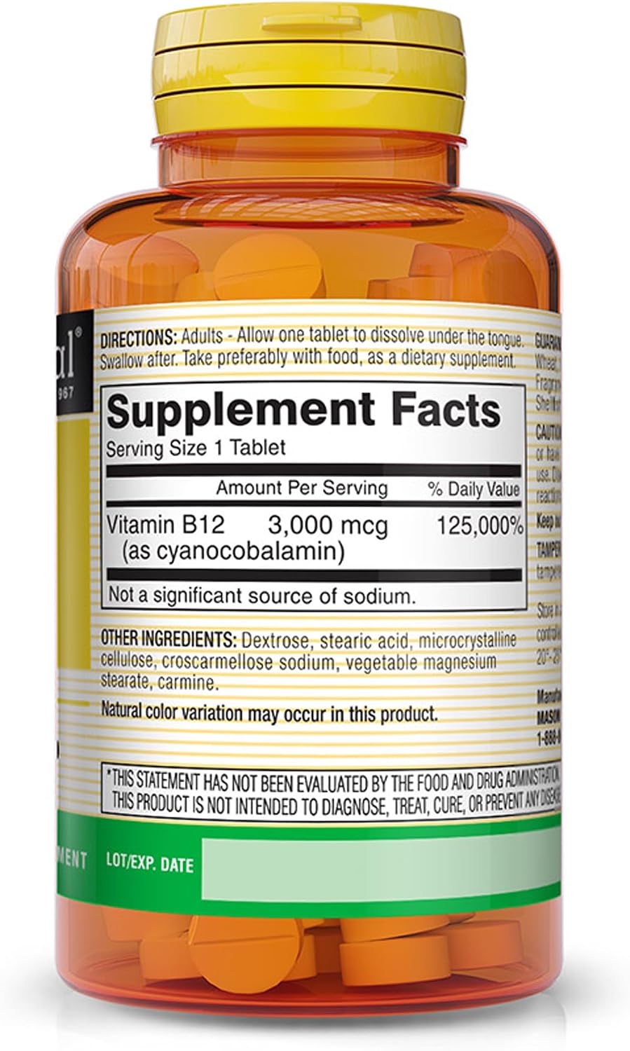 Mason Natural Vitamina B12 3000 mcg - Tabletas Sublinguales de Disolución Rápida, Sabor Frambuesa, 100 Tabletas
