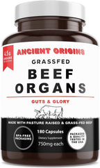 Ancient Origins Suplemento de Órganos de Res Grass Fed 4500 mg - Hígado, Médula Ósea, Corazón, Bazo, Páncreas y Riñón, No Transgénico, Sin Gluten, Sin Desgrasar (180 Cápsulas, 750 mg cada una)