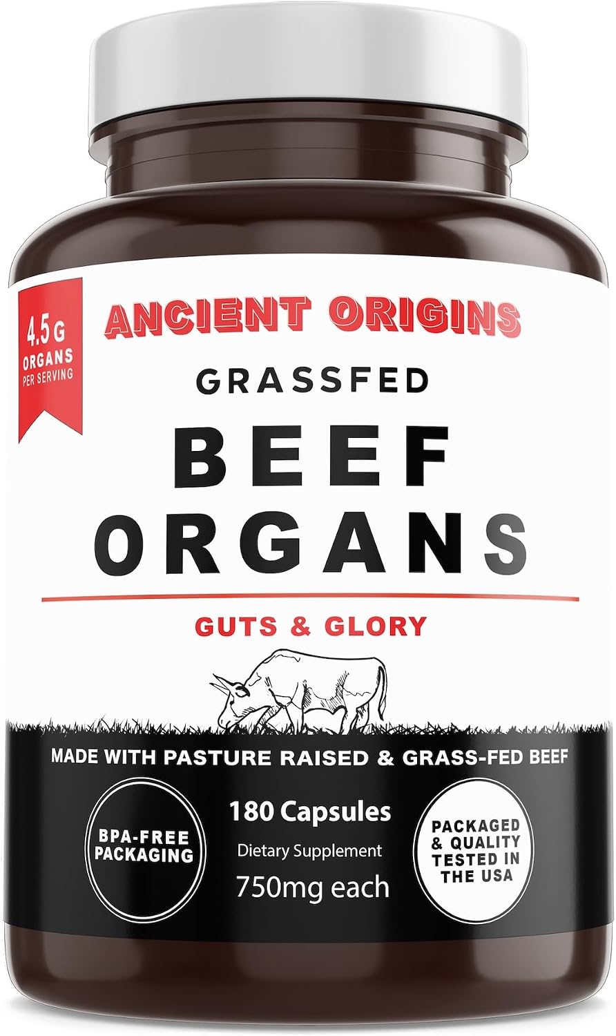 Ancient Origins Suplemento de Órganos de Res Grass Fed 4500 mg - Hígado, Médula Ósea, Corazón, Bazo, Páncreas y Riñón, No Transgénico, Sin Gluten, Sin Desgrasar (180 Cápsulas, 750 mg cada una)